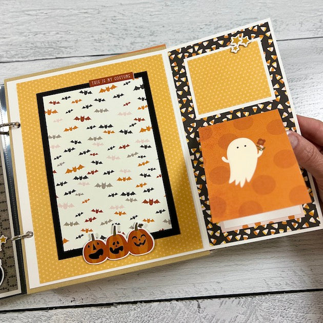 Happy Halloween Scrapbook Album Page with pumpkins, bats, candy corn, and a ghost