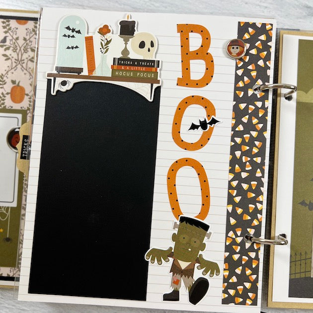 Happy Halloween Scrapbook Album Page with Frankenstein, a skull, a flower, and candy corn