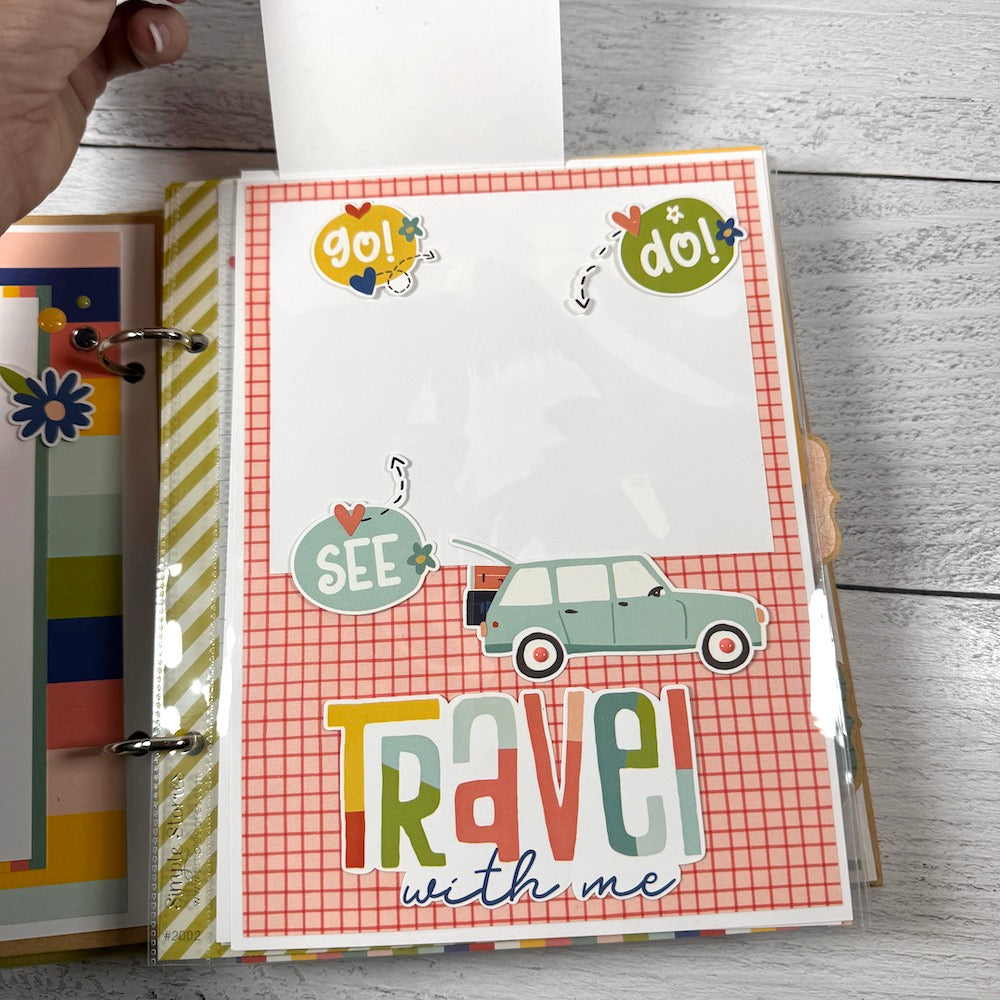 Road Trip Travel Scrapbook Album page with a folding card, a car, and lots of fun embellishments