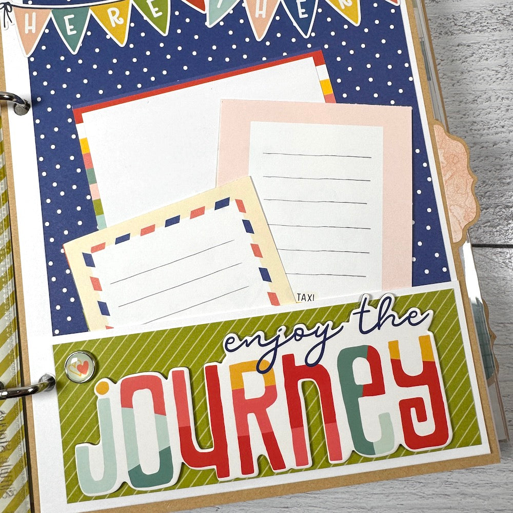 Road Trip Travel Scrapbook Album page with a pocket, a cute flag banner, and journaling cards