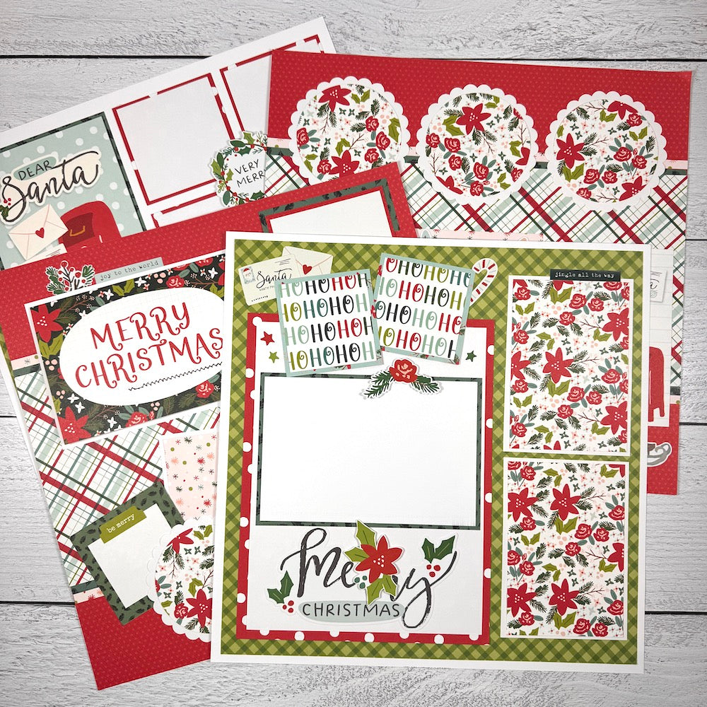 12x12 Dear Santa Christmas Scrapbook Layouts with poinsettia flowers, stars, and beautiful holiday colors