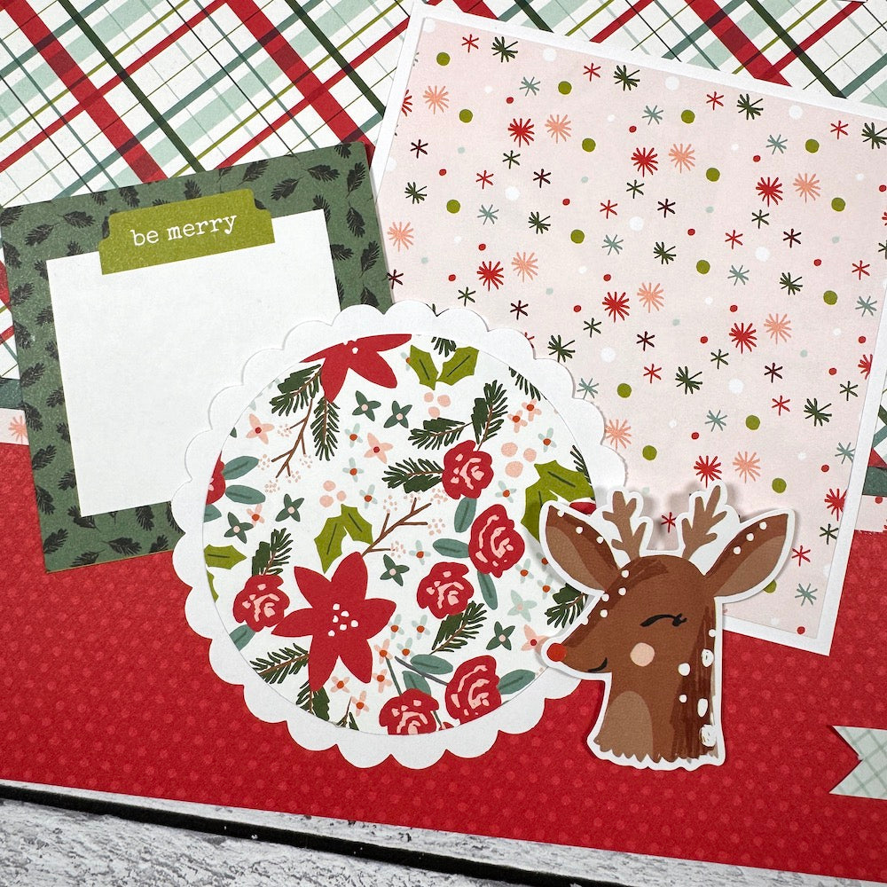 12x12 Dear Santa Christmas Scrapbook Layout with a reindeer, flowers, stars, and a beautiful plaid paper