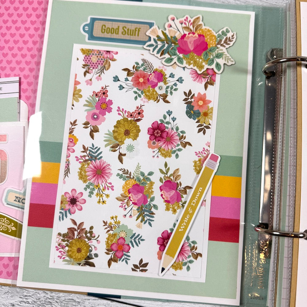 Everyday Life Scrapbook Album Page with gorgeous flowers, colorful stripes, and pink hearts