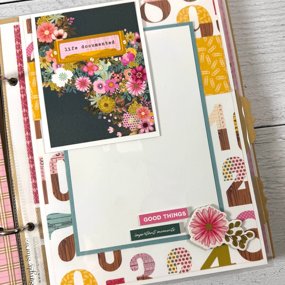 Everyday Life Scrapbook Album Page with pretty flowers, numbers, and a folding card