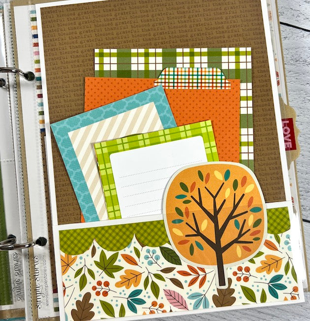 Fall Memories Scrapbook Album Page with a pocket, pretty autumn leaves, and journaling cards