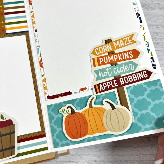 Fall Memories Scrapbook Album Page with space for photos of autumn, a corn maze, pumpkins, and a festival