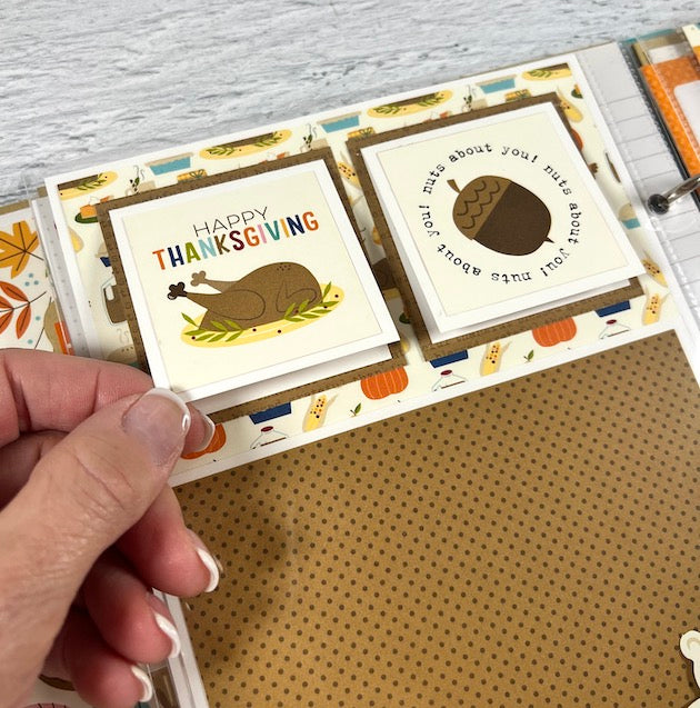 Fall Memories Scrapbook Album Page with folding cards, a turkey, and an acorn