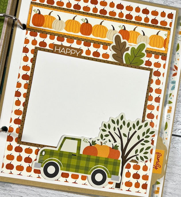 Fall Memories Scrapbook Album Page with pumpkins, a truck, a tree, and autumn leaves