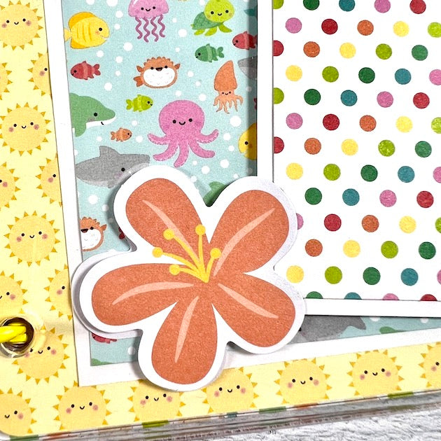 Seaside Summer Scrapbook Album page with sunshine faces, tropical flowers, fish, octopus, and polka dots