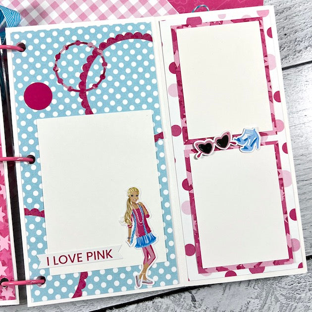 Barbie Themed Scrapbook Album Page with a doll, sunglasses, shoes, and polka dots