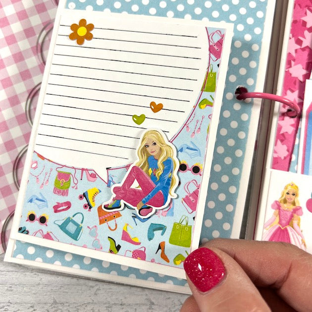 Barbie Themed Scrapbook Album Page with purses, shoes, jewelry, sunglasses, and a journaling spot