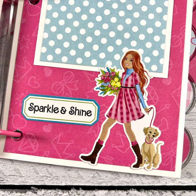 Barbie Themed Scrapbook Album Page with a girl with flowers walking her dog