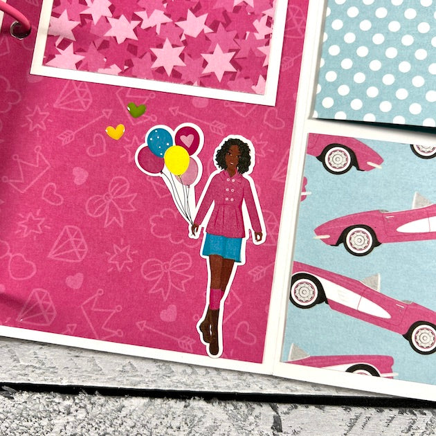 Barbie Themed Scrapbook Album Page with a girl, balloons, a pink car, and stars