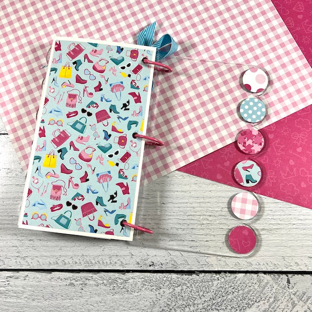 Barbie Themed Scrapbook Album Page with fashion accessories and an acrylic scallopped edge album