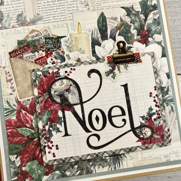 Noel Christmas Scrapbook Album with flowers, candle, holly leaves, and berriess