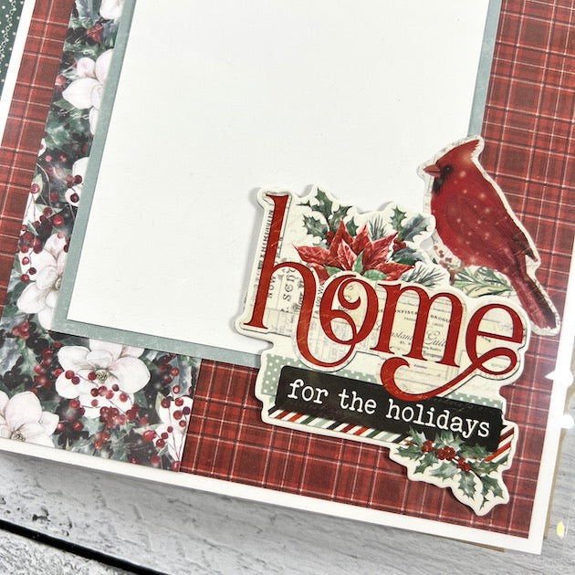 Noel Christmas Scrapbook Album Page with a red cardinal bird, plaid paper, and flowers