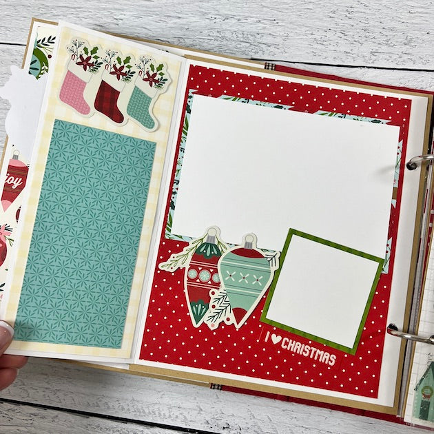 Christmas Scrapbook Album Page with ornaments and stockings