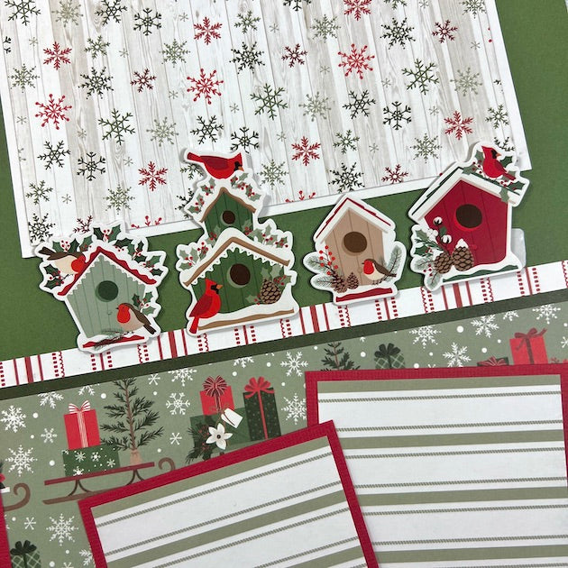 Christmas 12x12 Scrapbook Page with snowflakes, birdhouses, and sleds full of presents