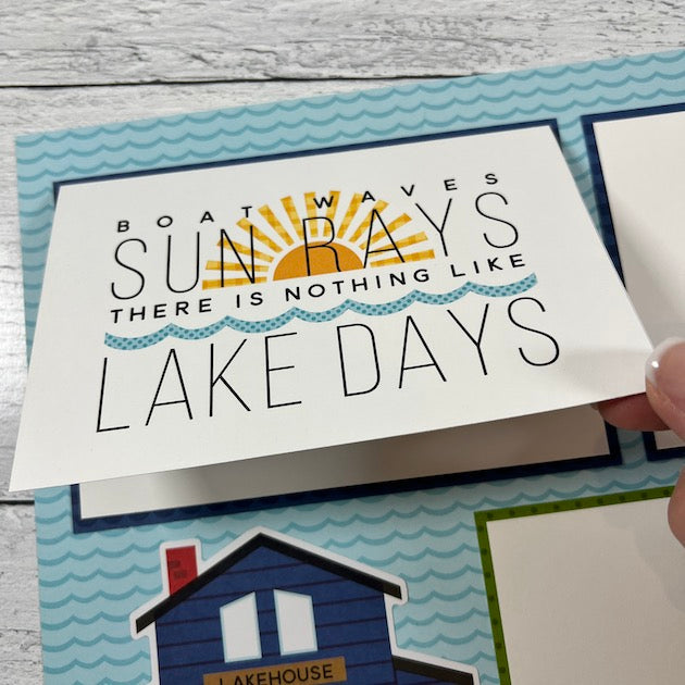 12x12 Lake Life Scrapbook Page with a sunshine, waves, and a cabin