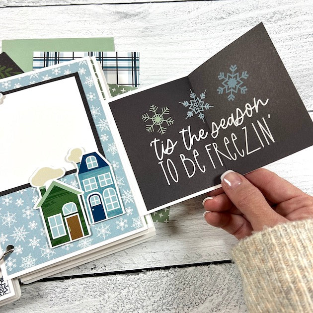 Winter Scrapbook Album Page with 2 cute houses, snowflakes, and a folding card