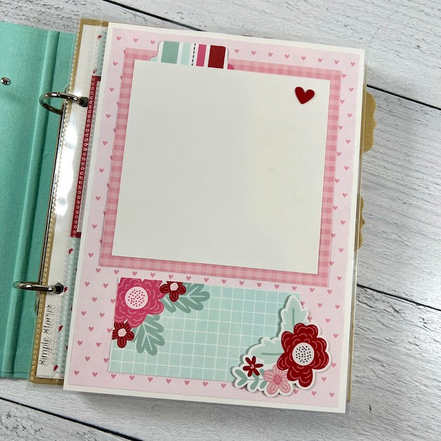 Love Valentine scrapbook album page with hearts, flowers, and a cute gingham print
