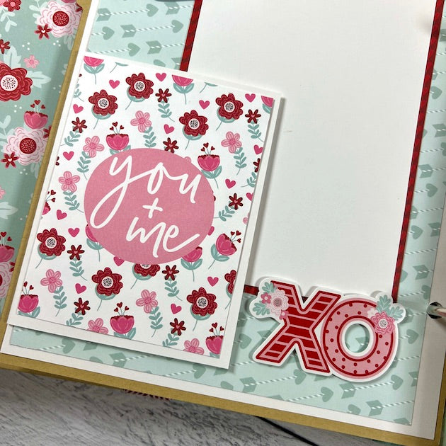 Love Valentine scrapbook album page with flowers, hearts, and a red, pink, and mint green color scheme