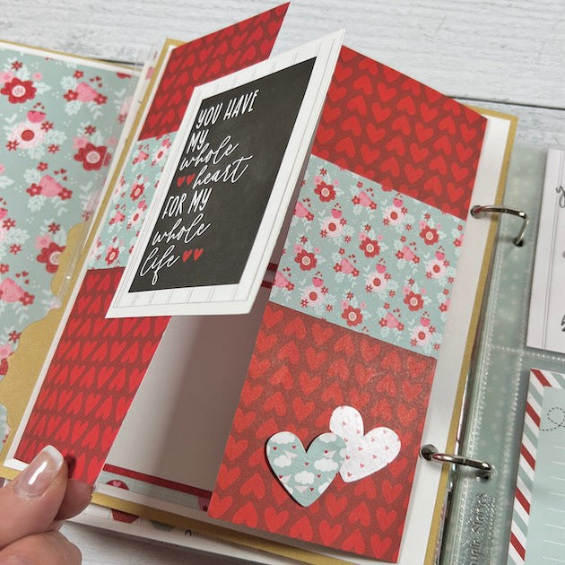 Love Valentine scrapbook album tri-fold page with hearts and flowers