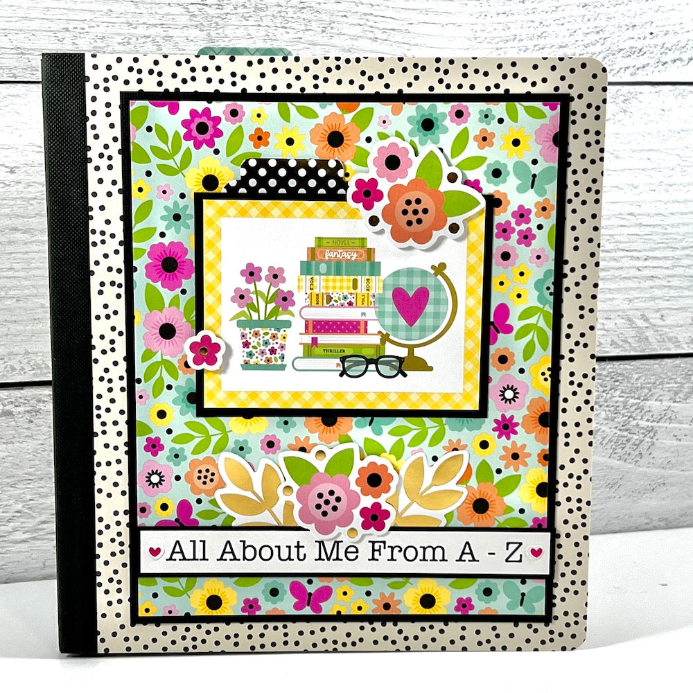 A to Z Scrapbook Album by Artsy Albums with flowers, polka dots, and gold foil accents