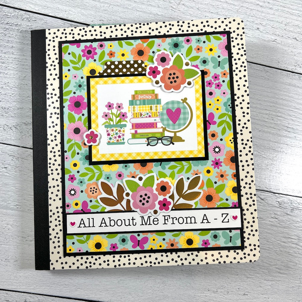 A to Z Scrapbook Album with flowers, books, and gold foil accents