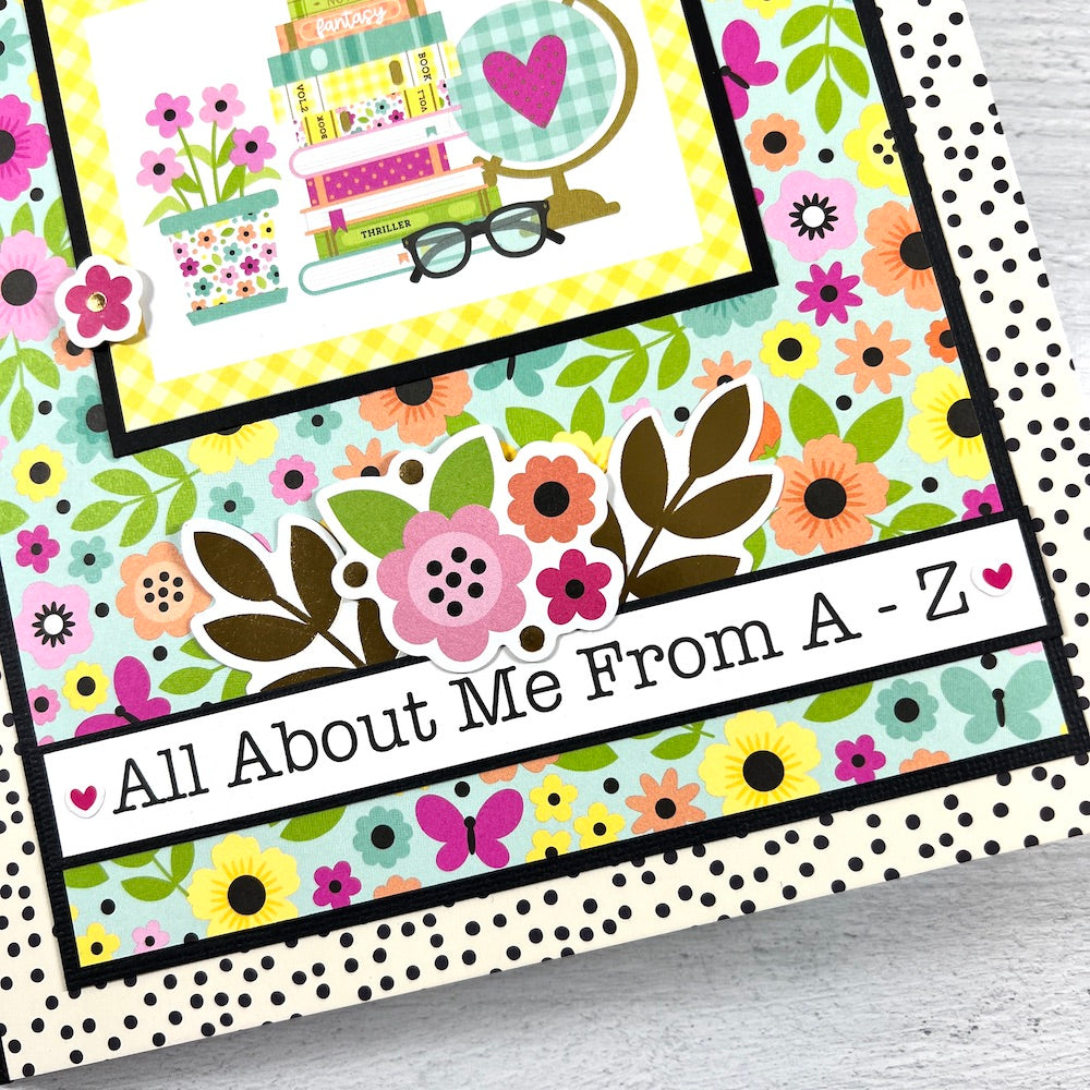 A to Z Scrapbook Album with flowers, books, and gold foil accents