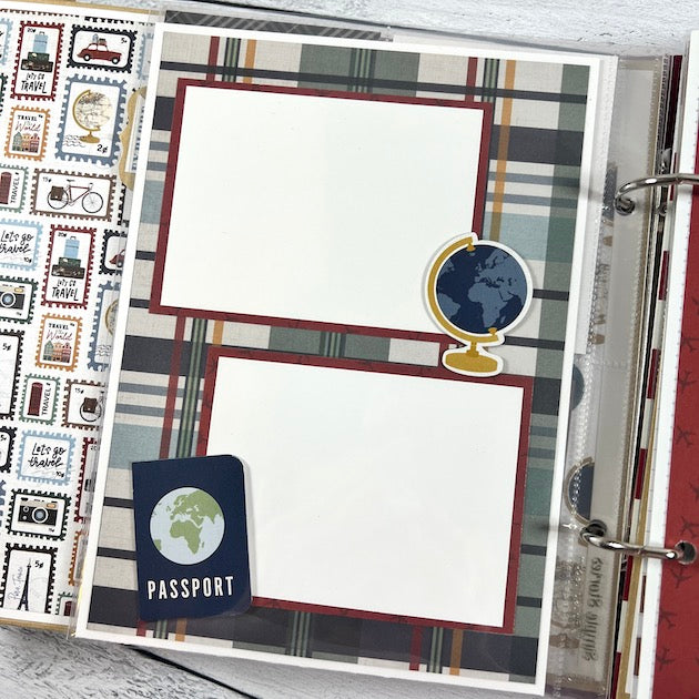 Travel The World Scrapbook Album page with plaid paper, a passport, and a globe