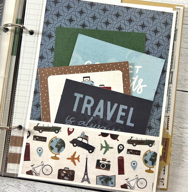 Travel The World Scrapbook Album page with a pocket, journaling cards, and lots of travel images