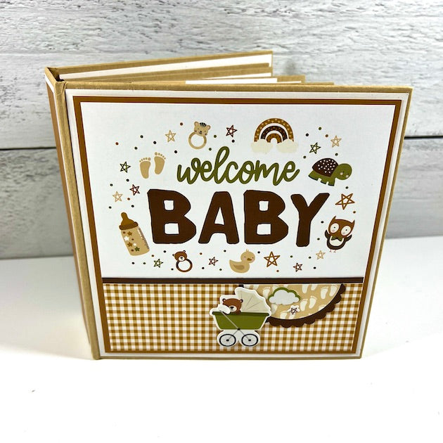 Welcome Baby Scrapbook Album Page with cute little animals and a folding card with a giraffe
