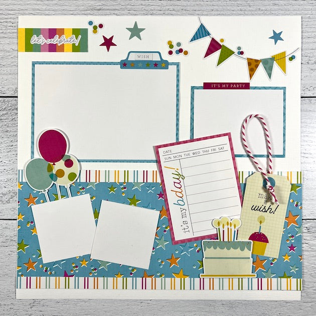 12x12 Birthday Scrapbook Page Layout with balloons, flags, stars, and a cake