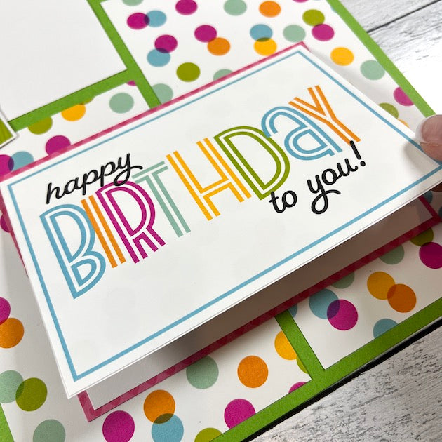 12x12 Birthday Scrapbook Page Layout with polka dots and a cute folding card