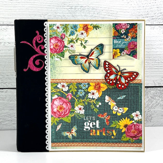Let's Get Artsy Scrapbook Album with vibrant colors, beautiful butterflies, and lots of flowers