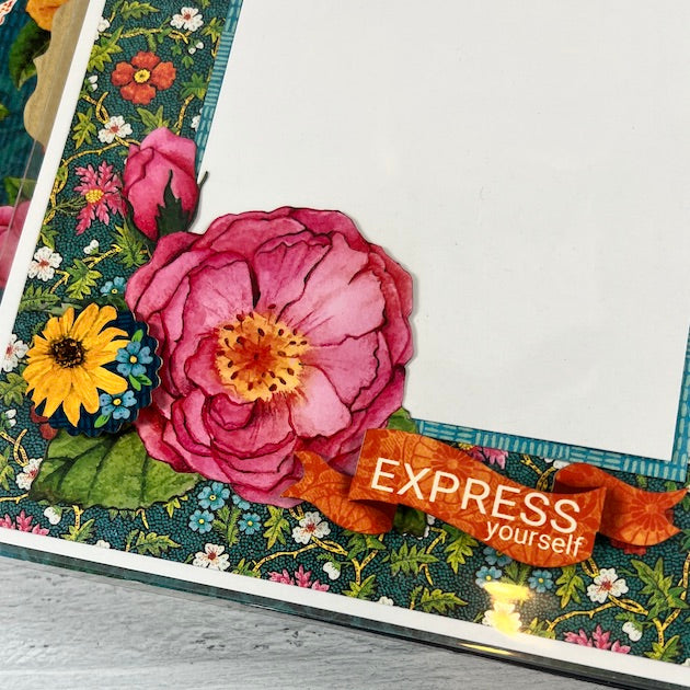 Let's Get Artsy scrapbook album page with vibrant colors and flowers