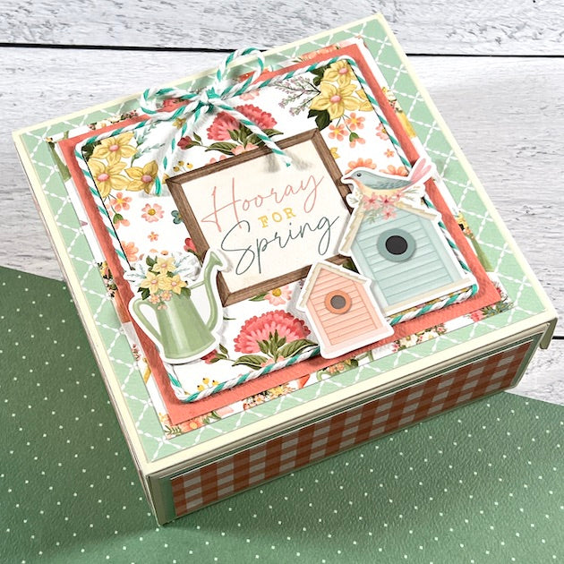 Hooray for Spring Scrapbook by Artsy Albums with a bird, birdhouses, flowers, and a watering can