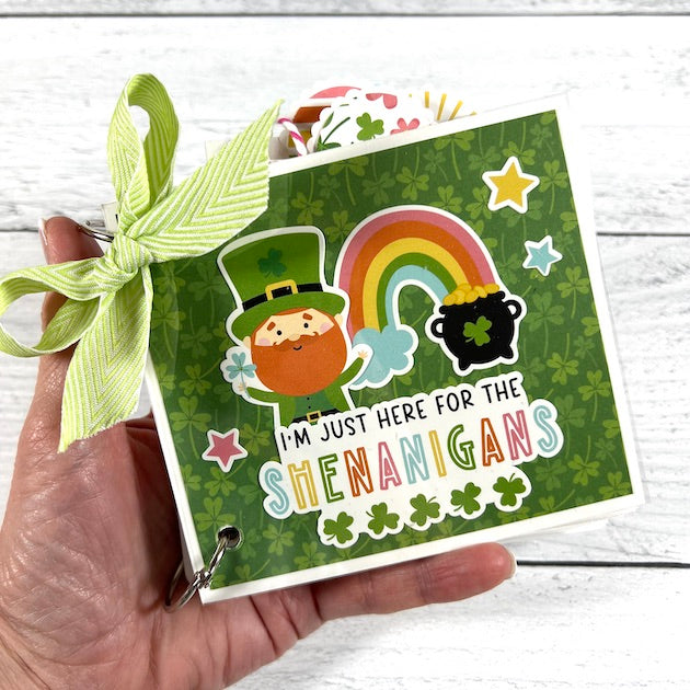 Spring St Patrick's Day Scrapbook Album with rainbow, pot of gold, leprechaun, & shamrocks