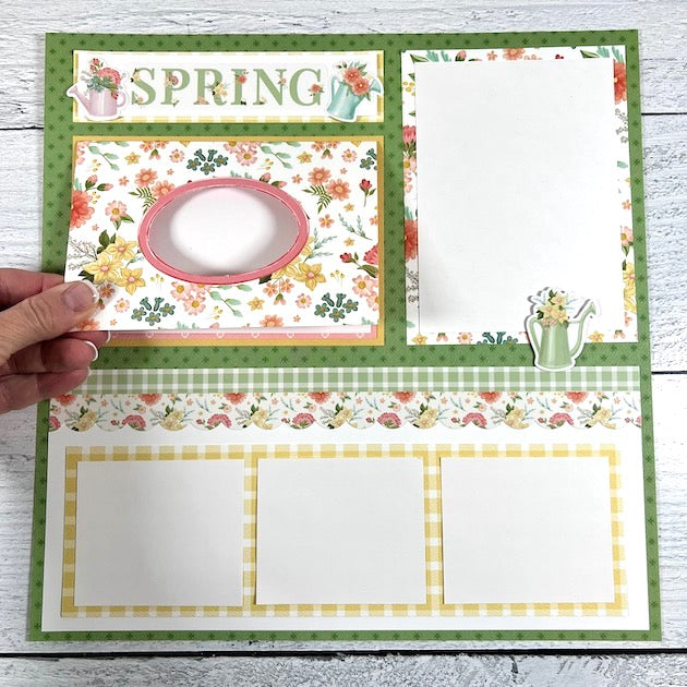12x12 Spring scrapbook page layout with pretty flowers and watering cans