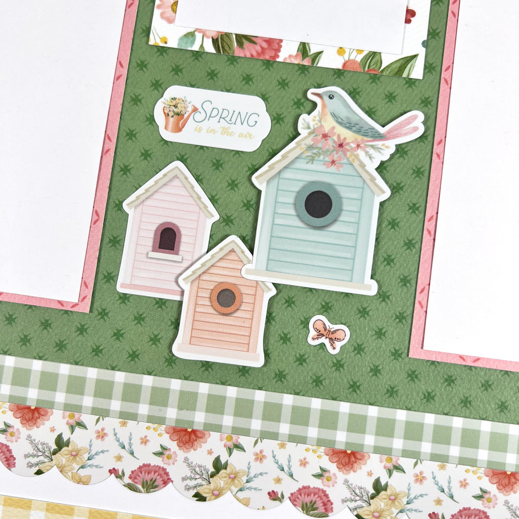 12x12 Spring scrapbook page layout with pretty flowers, a bird, and birhouses