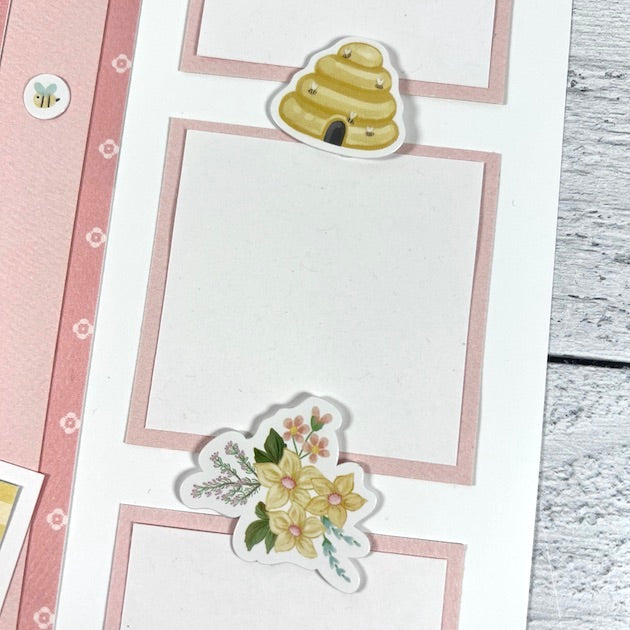 12x12 Spring scrapbook page layout with pretty flowers, bees, and a beehive