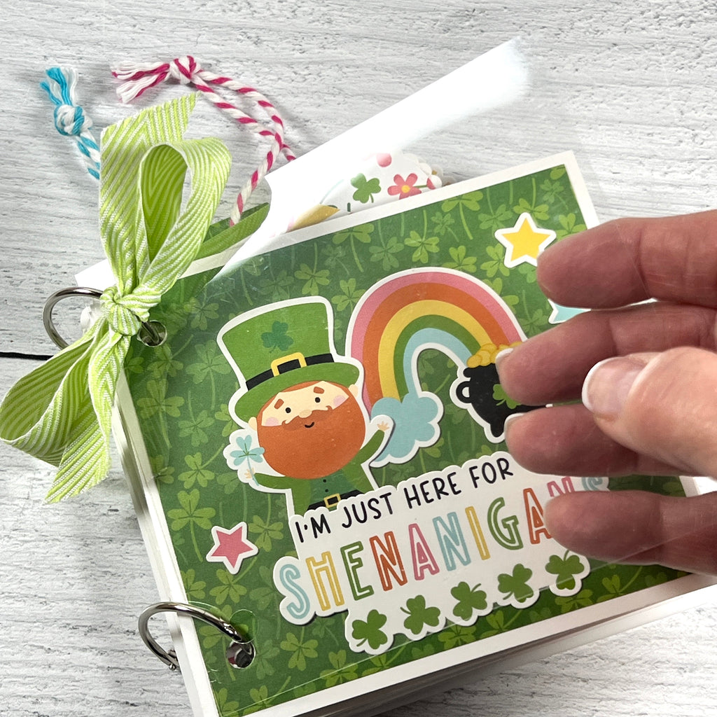 Spring St Patrick's Day Scrapbook Album with rainbow, pot of gold, leprechaun, & shamrocks