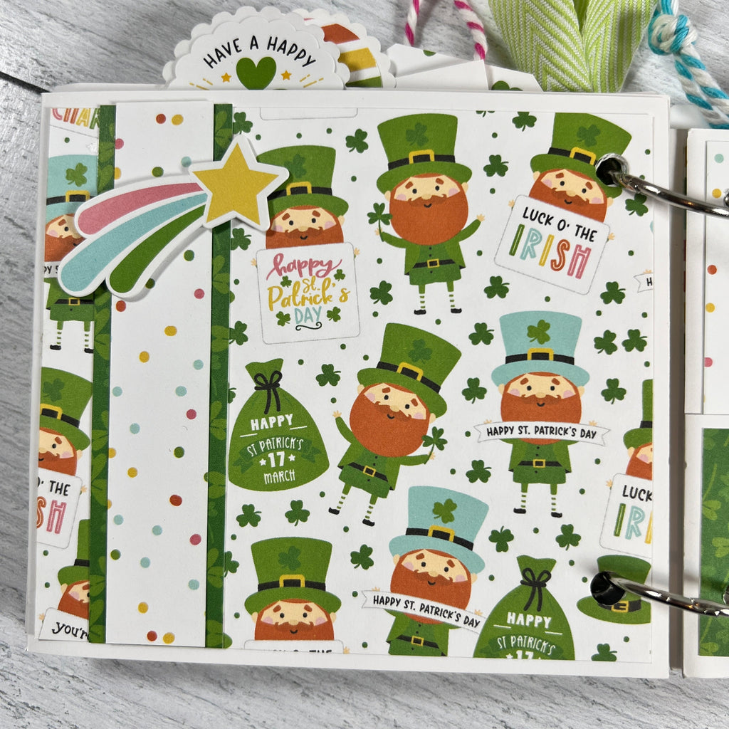 Spring St. Patrick's Day Scrapbook Album page with cute leprechauns, shamrocks, and a shooting star