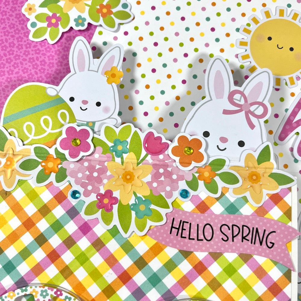 Easter & spring mini album with bunnies, flowers, eggs, and a colorful plaid