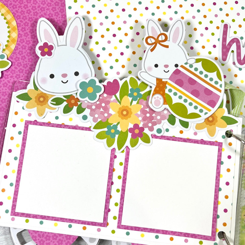 Easter & spring scrapbook album page with bunny rabbits, flowers, an egg, and colorful polka dots