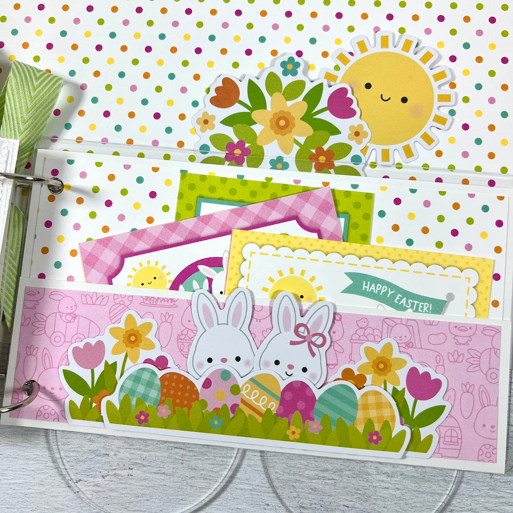 Easter & spring scrapbook album pocket page with bunny rabbits, polka dots, and Easter eggs