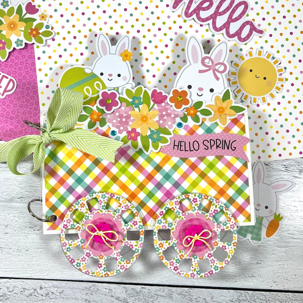 Spring & Easter Flower Cart Shaped Scrapbook with bunnies, flowers, and Easter eggs