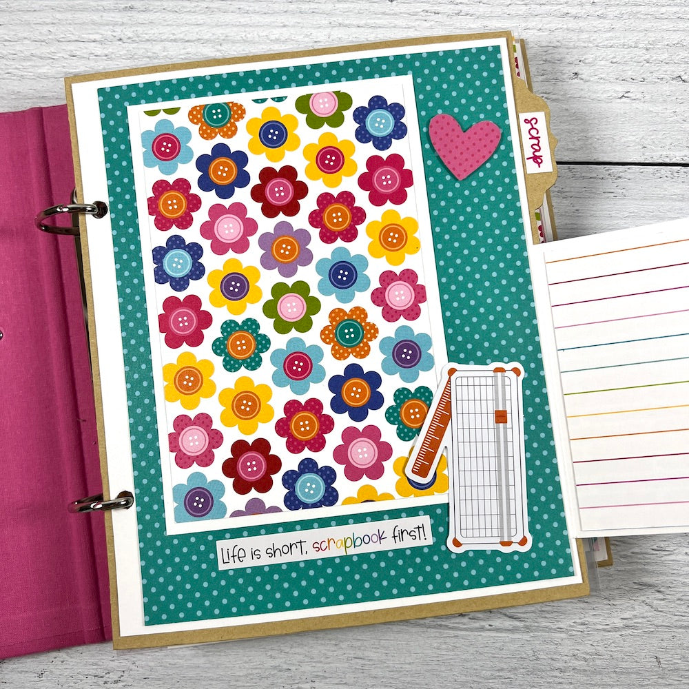 Crafty Friends scrapbook album page with crafting supplies, flowers, and polka dots