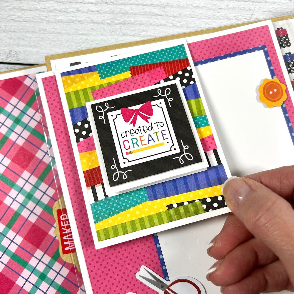 Crafty Friends scrapbook album page with a folding element, pretty plaid paper, and colorful washi tape paper